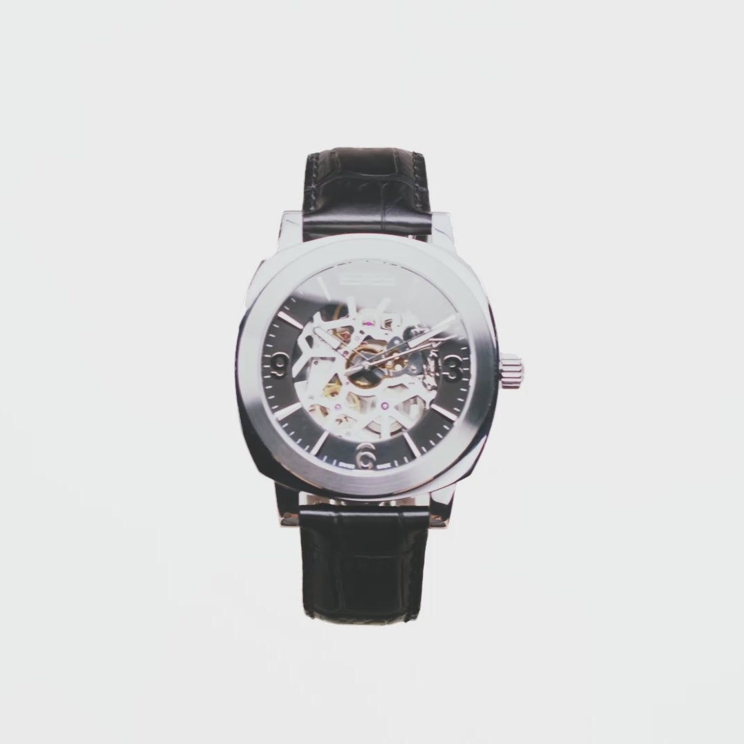 Translation missing: en.41MM Swiss Made Stainless Steel and Leather Automatic Skeleton Watch