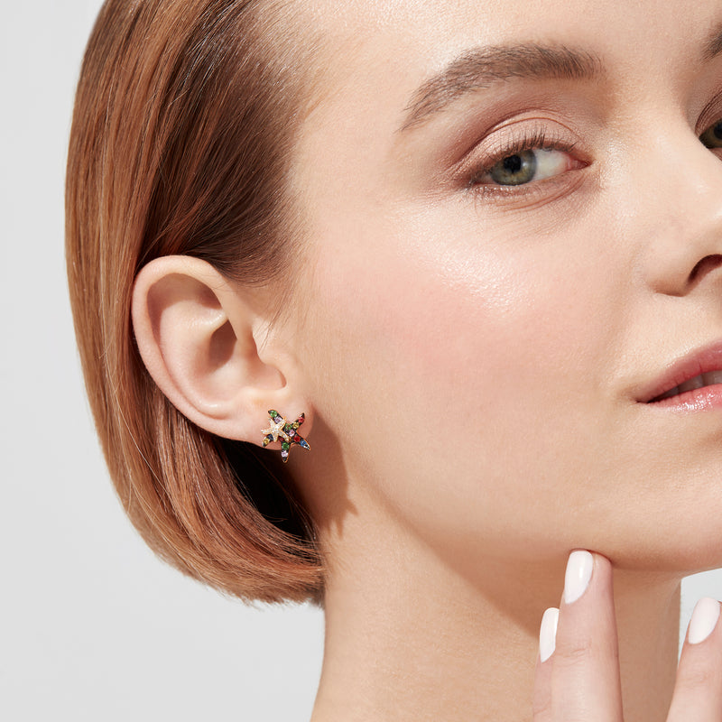 Watercolors 14K Gold Sapphire & Diamond Starfish Stud Earrings (0.76 TCW) featuring a gold outline and scattered green, blue, orange, pink, and white sapphires for a vibrant look.