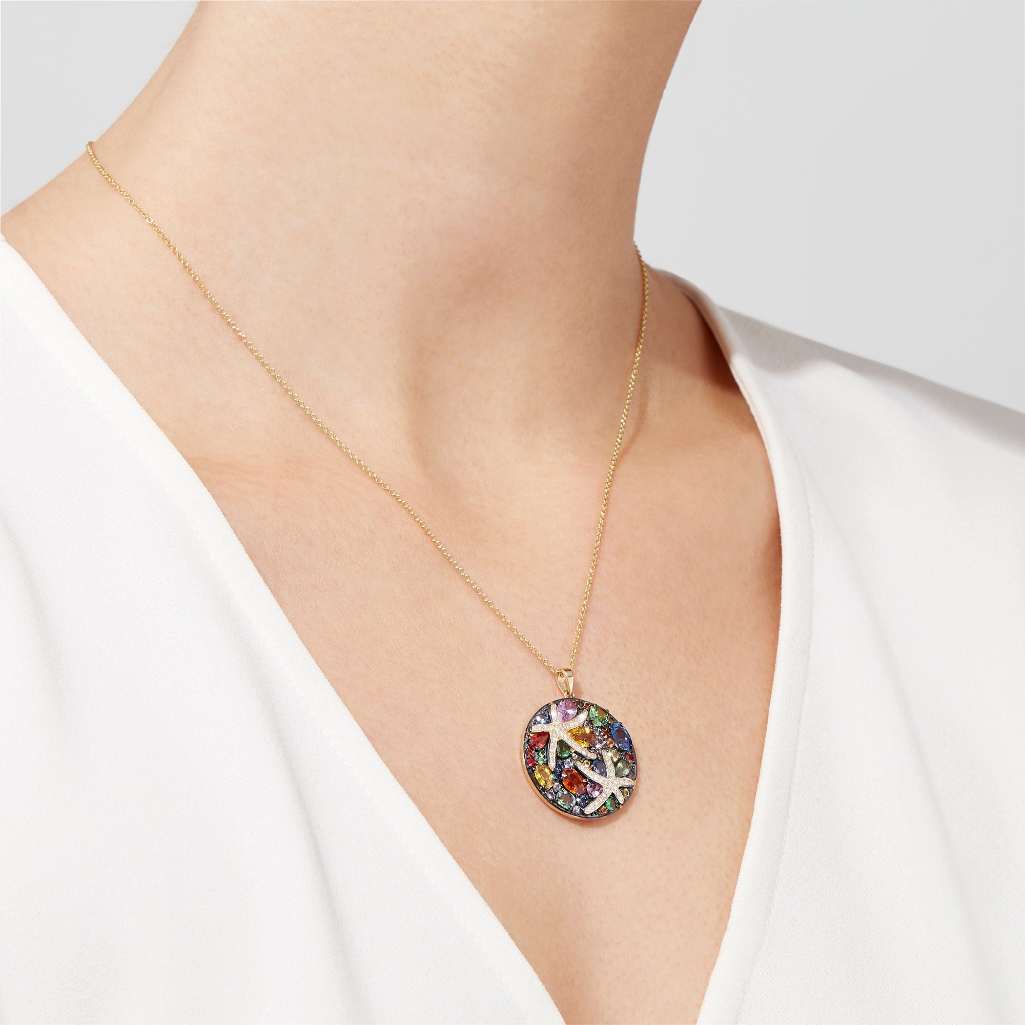 The Watercolors 14K White Gold Multi Sapphire & Diamond Pendant (5.71 TCW) features vibrant sapphires and diamonds set in white gold on a delicate chain.