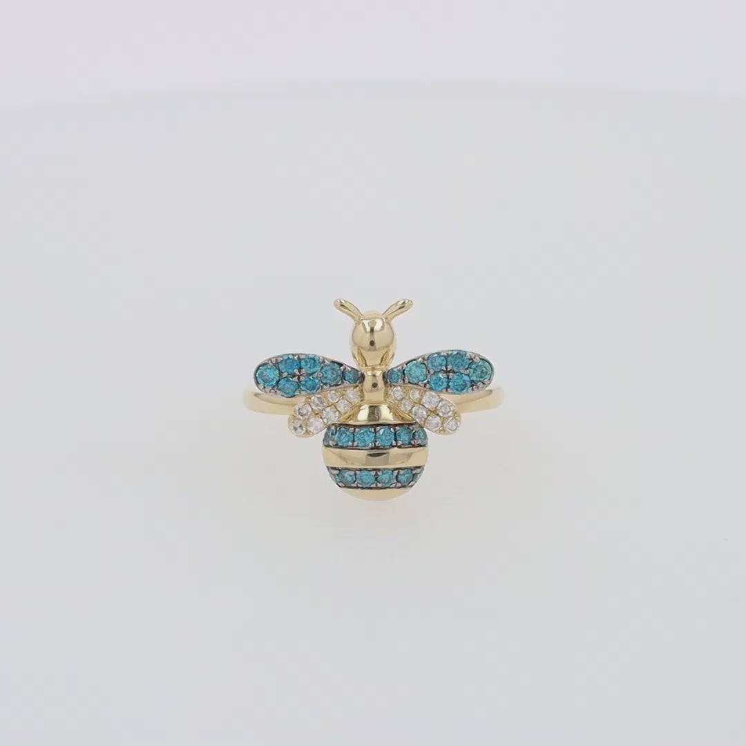 14K Yellow Gold Blue and White Diamond Bee Ring
