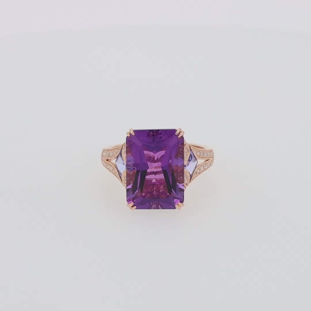 Translation missing: en.14K Rose Gold Amethyst, Tanzanite and Diamond Cocktail Ring, 7.60 TCW
