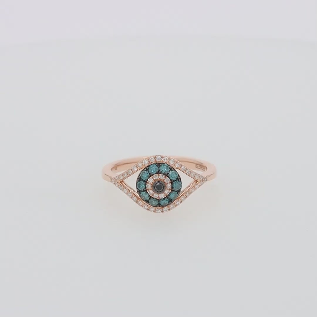 Novelty 14K Gold Blue, White and Black Diamond Evil Eye Ring, 0.37 TCW
