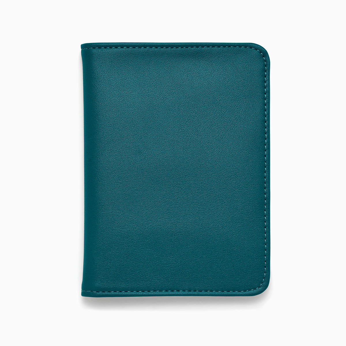 Teal Vegan Leather Passport Holder open to display card slots on the left, a transparent ID section in the center, and a larger pocket on the right, all crafted from vegan leather against a white background.
