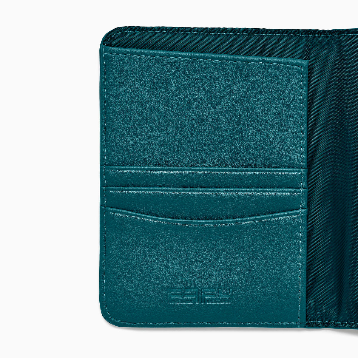 Teal Vegan Leather Passport Holder open to display card slots on the left, a transparent ID section in the center, and a larger pocket on the right, all crafted from vegan leather against a white background.