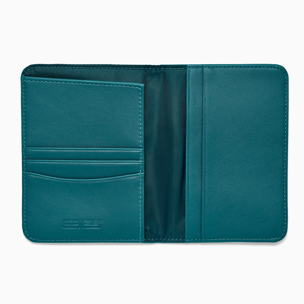 Teal Vegan Leather Passport Holder open to display card slots on the left, a transparent ID section in the center, and a larger pocket on the right, all crafted from vegan leather against a white background.