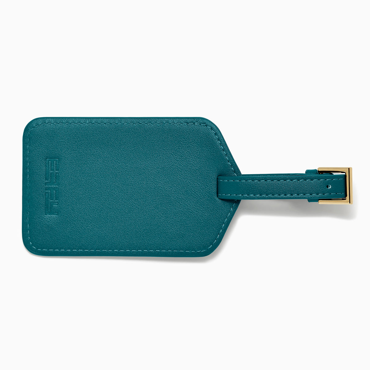 A teal Vegan Leather Luggage Tag with a rectangular clear window and an adjustable strap with gold buckle, shown on a white background.
