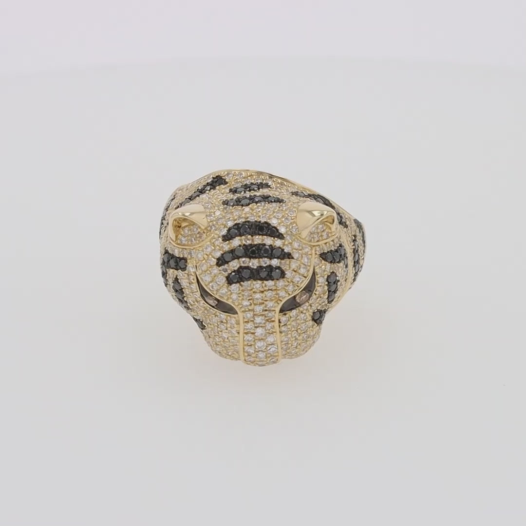 Safari 14k Yellow Gold Black and White Diamond Tiger Ring, 1.85 TCW