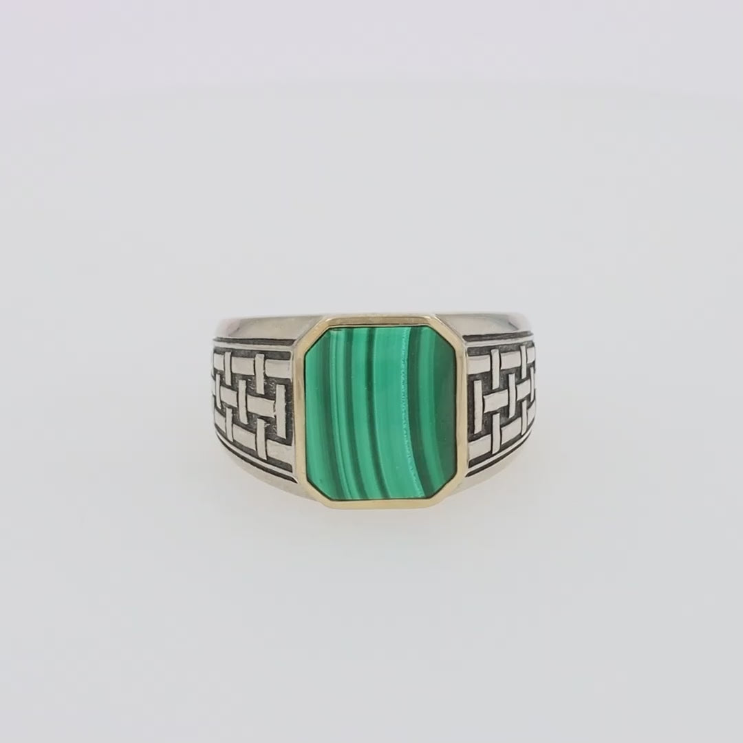 Men's Sterling Silver and 14K Yellow Gold Malachite Ring, 6.05 TCW
