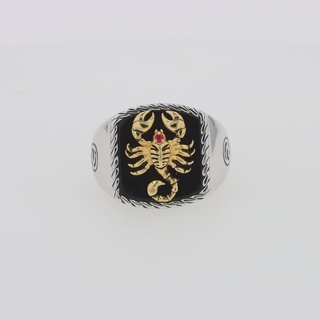 Translation missing: en.Men's Silver &amp; 14K Gold Plating Onyx and Ruby Scorpion Ring, 5.00 TCW