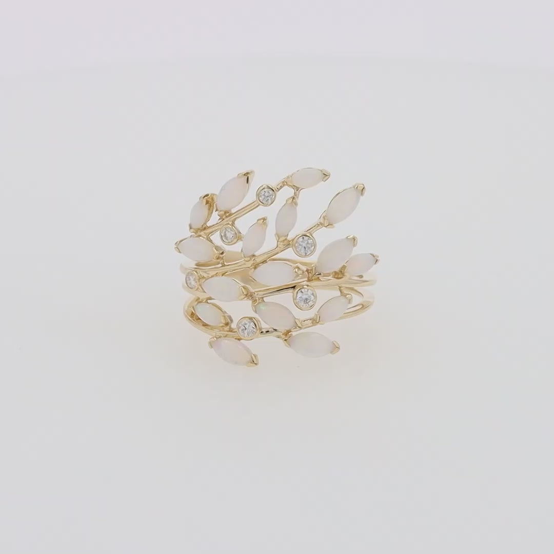 Translation missing: en.Aurora 14K Yellow Gold Opal and Diamond Filagree Leaf Ring, 1.81 TCW