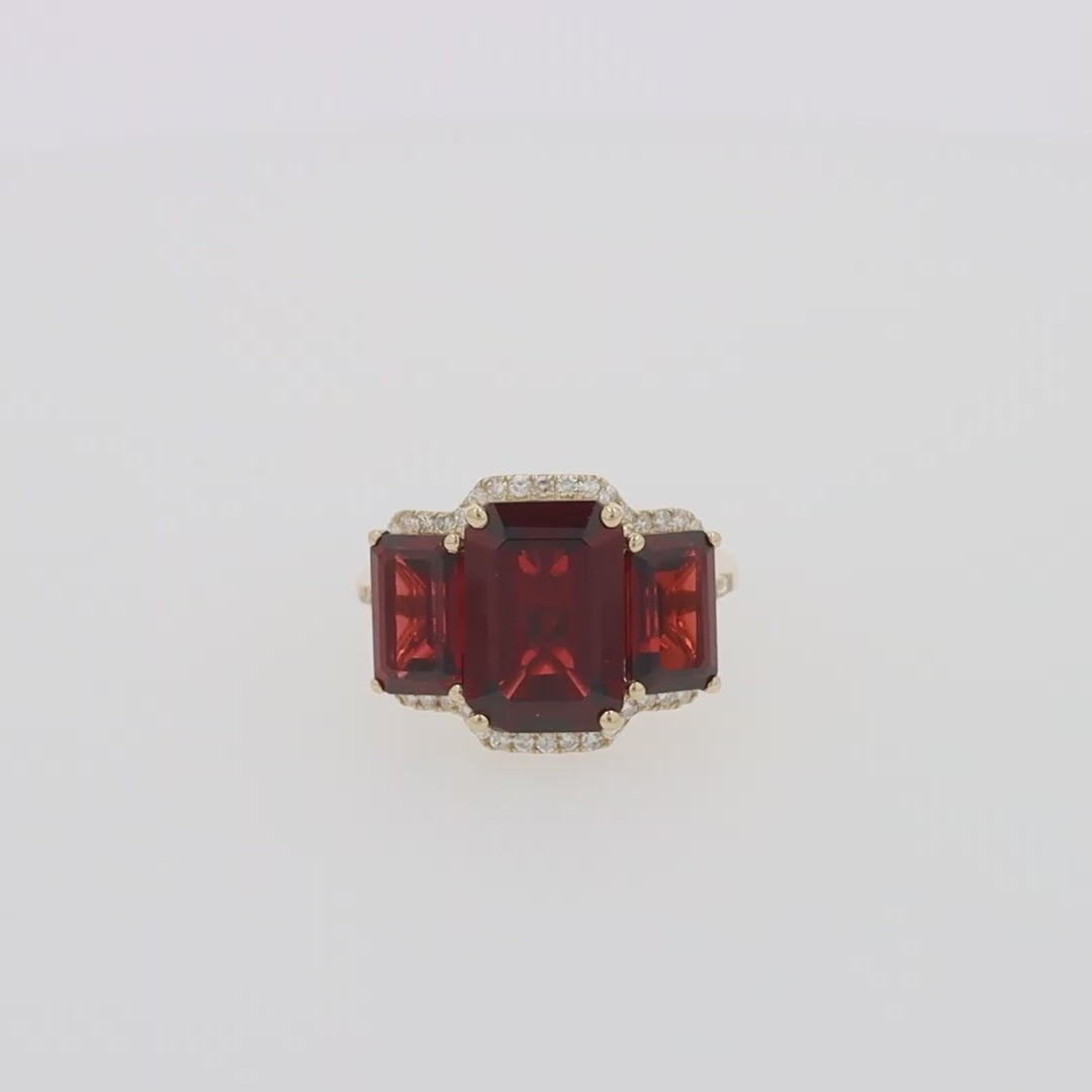 Translation missing: en.Bordeaux 14K Yellow Gold Garnet and Diamond Three Stone Ring, 8.62 TCW