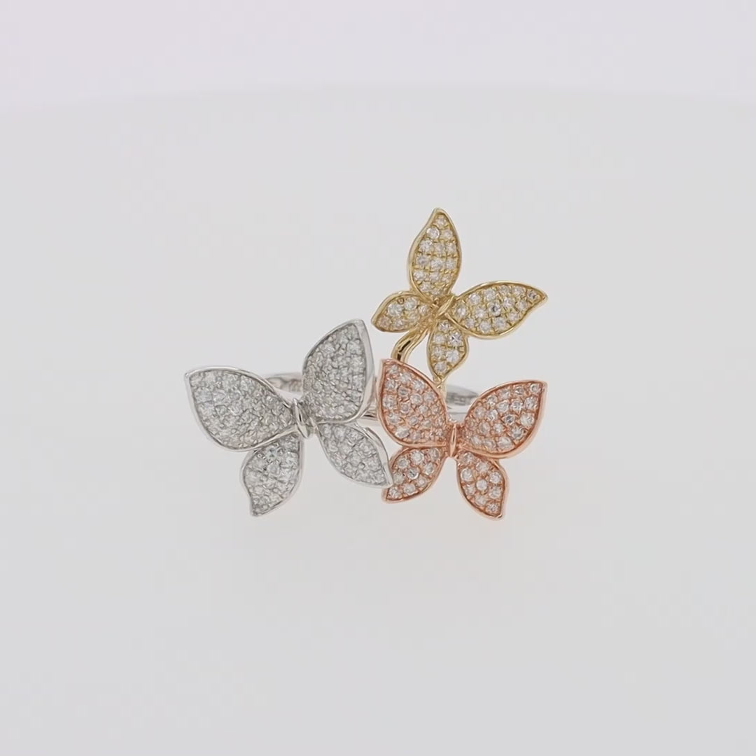 Translation missing: en.Trio 14K Tri Color Gold Diamond Butterfly Ring, 0.66 TCW