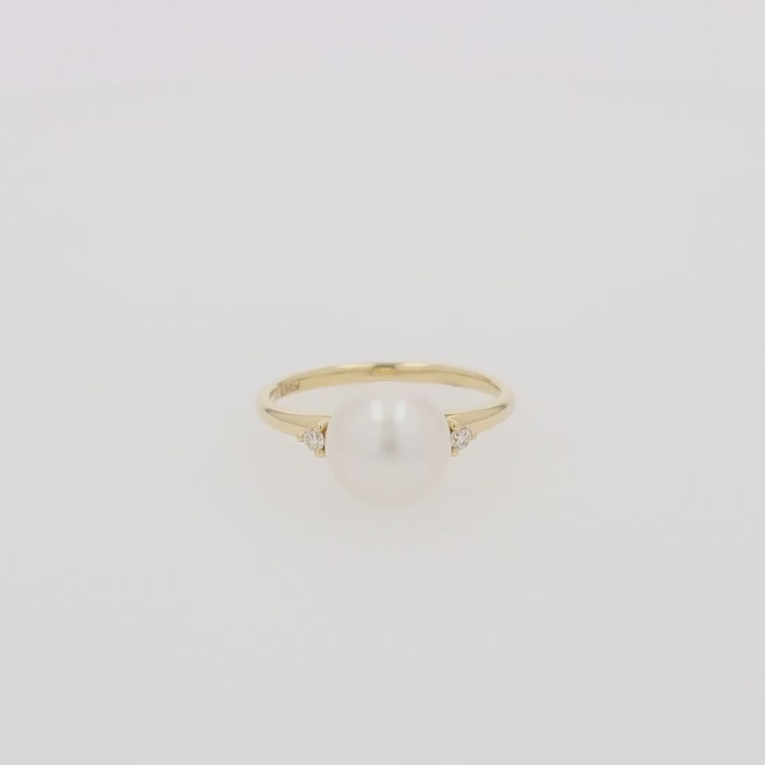 Translation missing: en.14K Yellow Gold Cultured Pearl and Diamond Accented Ring, 0.05 TCW