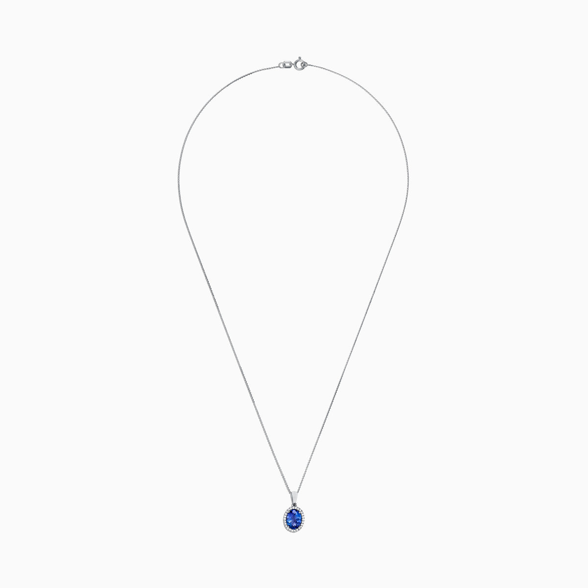 A 14K white gold pendant with an oval tanzanite (1.86 TCW) surrounded by diamonds, shown on a plain white background.