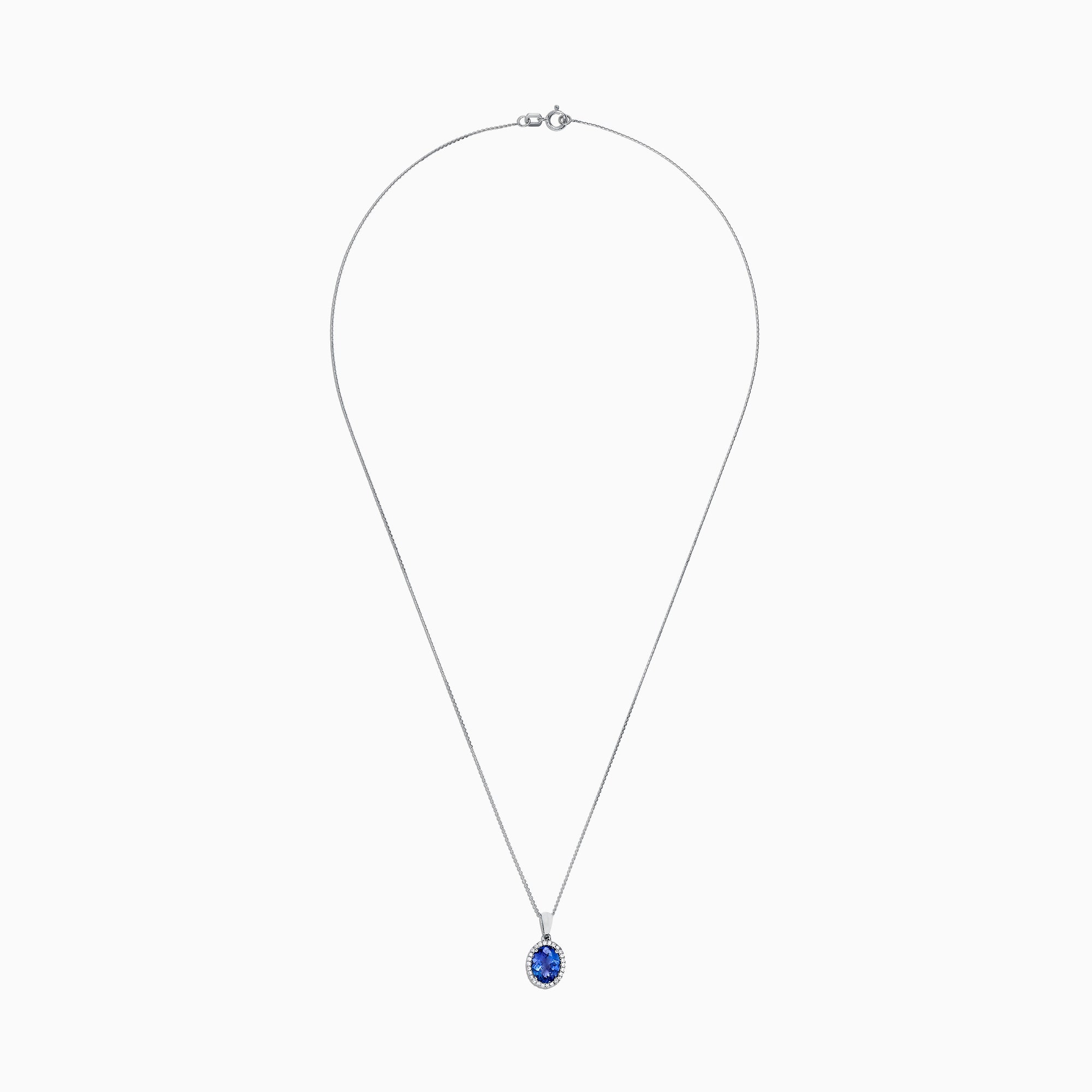 A 14K white gold pendant with an oval tanzanite (1.86 TCW) surrounded by diamonds, shown on a plain white background.