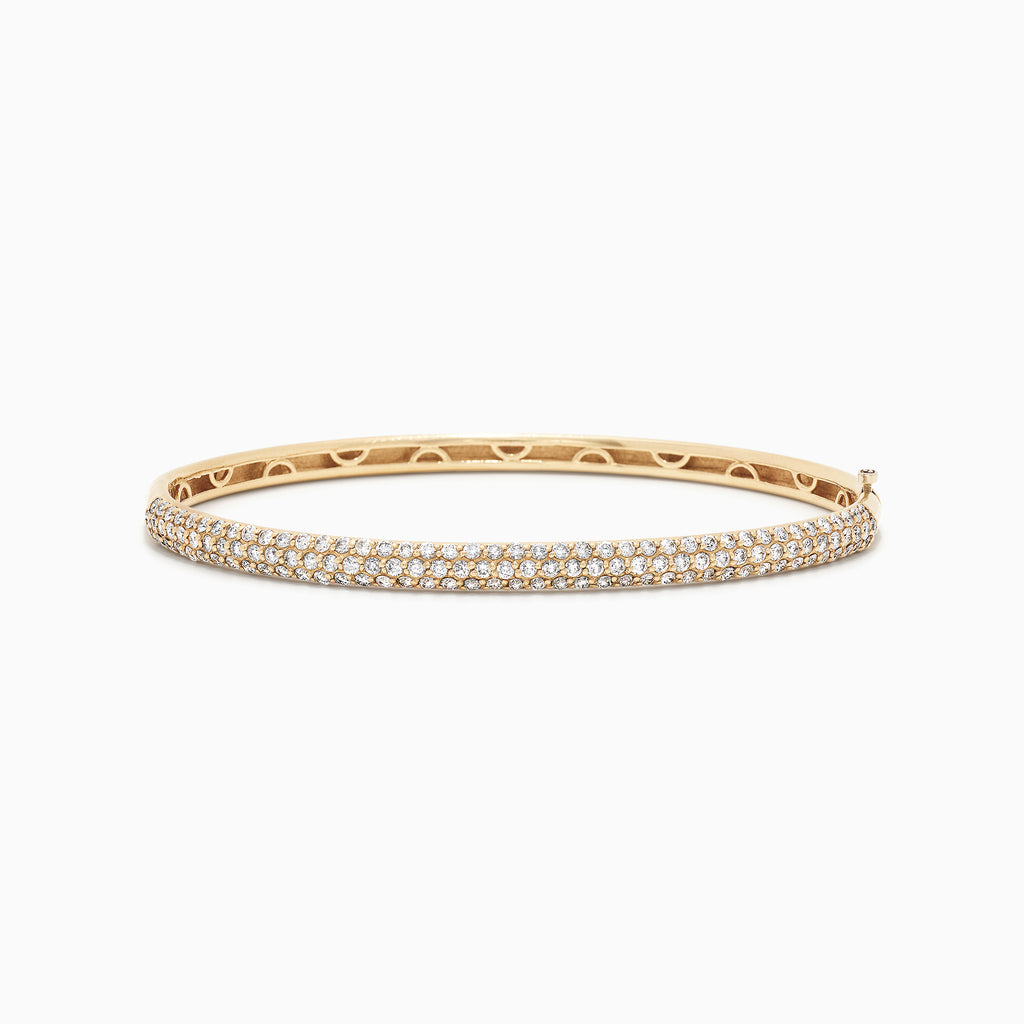 The DOro 14K Yellow Gold Diamond Pave Bangle, 1.87 TCW, features two rows of sparkling white diamonds along the edge and is displayed on a white background.