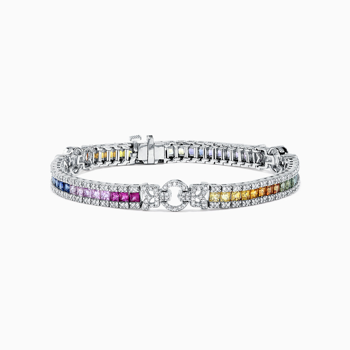 The Watercolors 14K White Gold Multi Sapphire & Diamond Bracelet showcases square sapphires in a rainbow gradient, accented with diamonds and secured with a clasp.