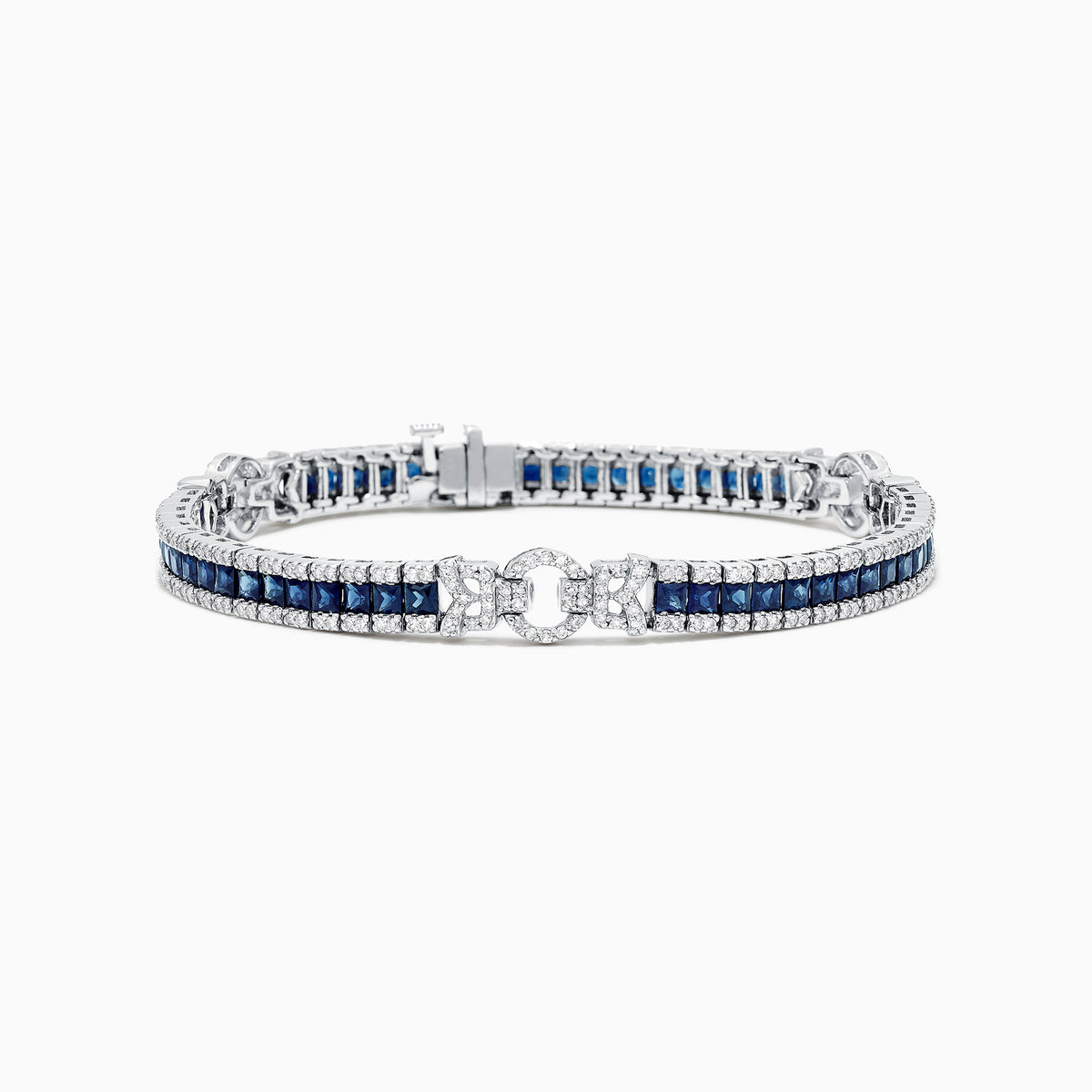 The Royale Bleu 14K White Gold Sapphire and Diamond Bracelet, 7.66 TCW, showcases square blue sapphires bordered by round diamonds and a diamond-encrusted clasp, all displayed on a plain white background.