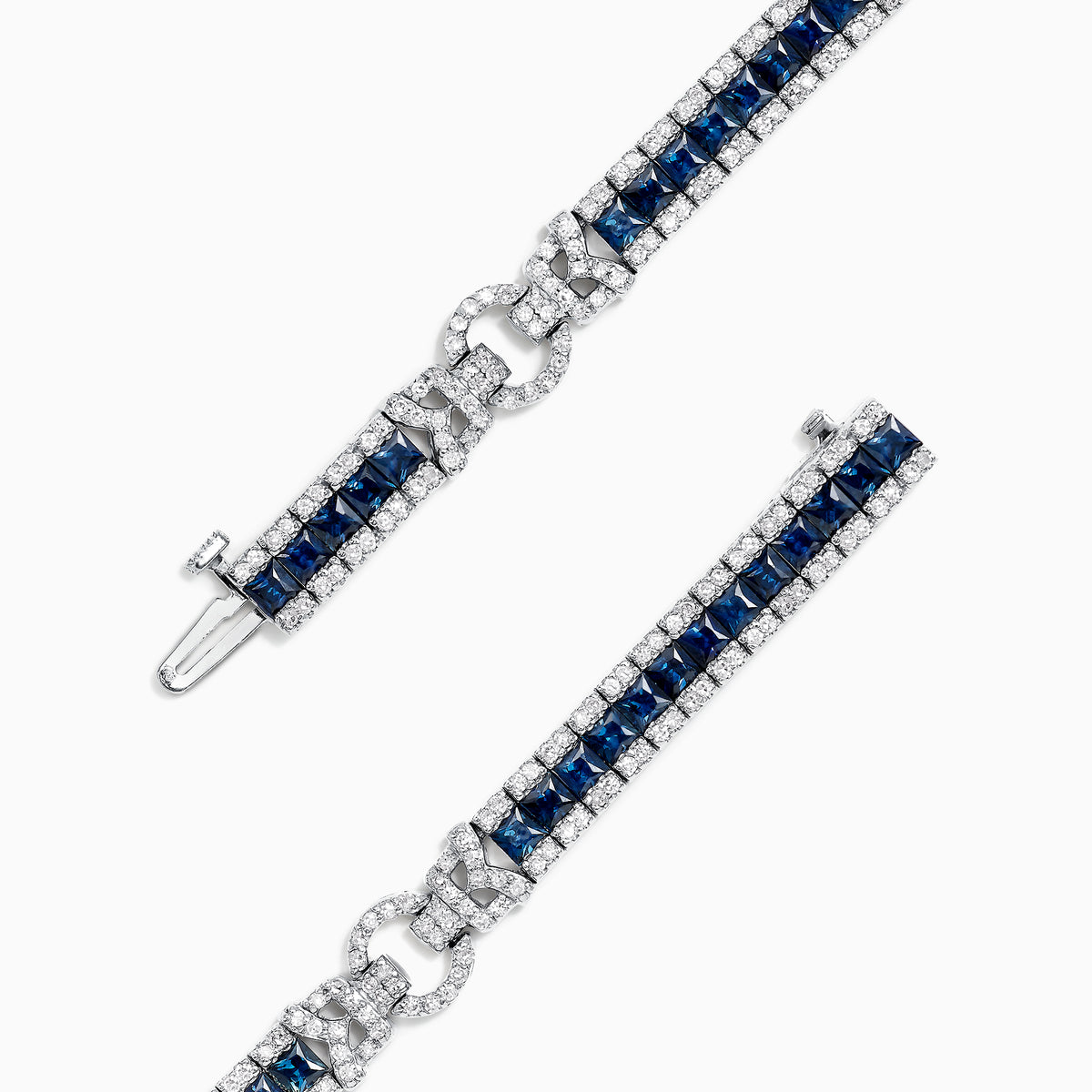 The Royale Bleu 14K White Gold Sapphire and Diamond Bracelet, 7.66 TCW, showcases square blue sapphires bordered by round diamonds and a diamond-encrusted clasp, all displayed on a plain white background.