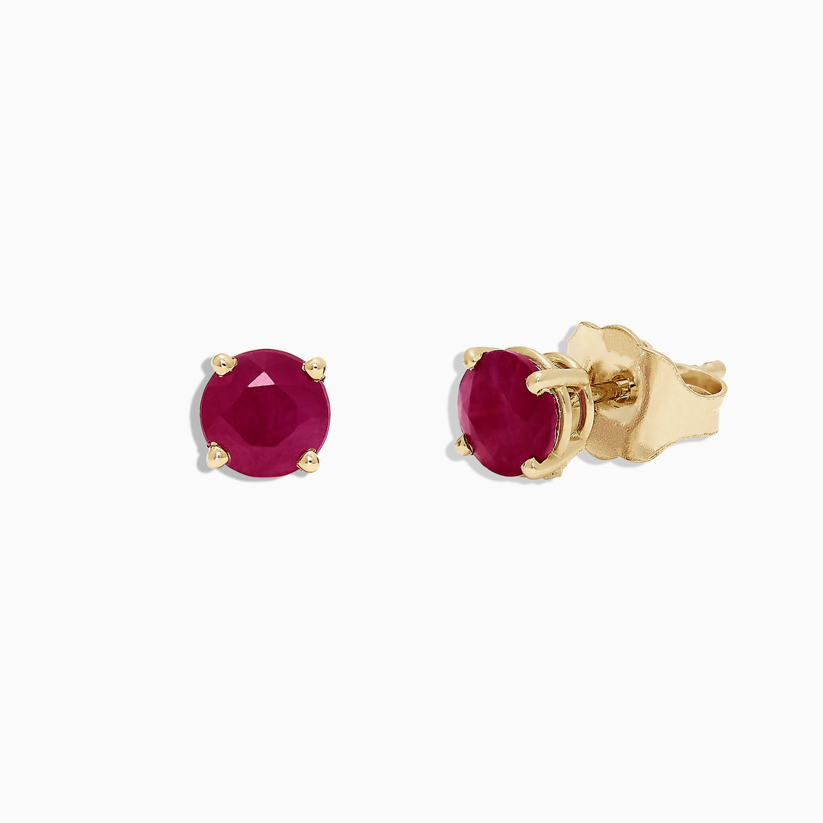 The Ruby Royale 14K Yellow Gold Round Solitaire Ruby Stud Earrings, 1.14 TCW, are shown from the front and side with vibrant faceted rubies set in classic yellow gold on a plain white background.