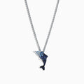 The 925 Sterling Silver Sapphire Splash Dolphin Pendant (1.30 TCW) necklace features a dolphin pendant with sapphire-blue gemstones, shown on a white background.