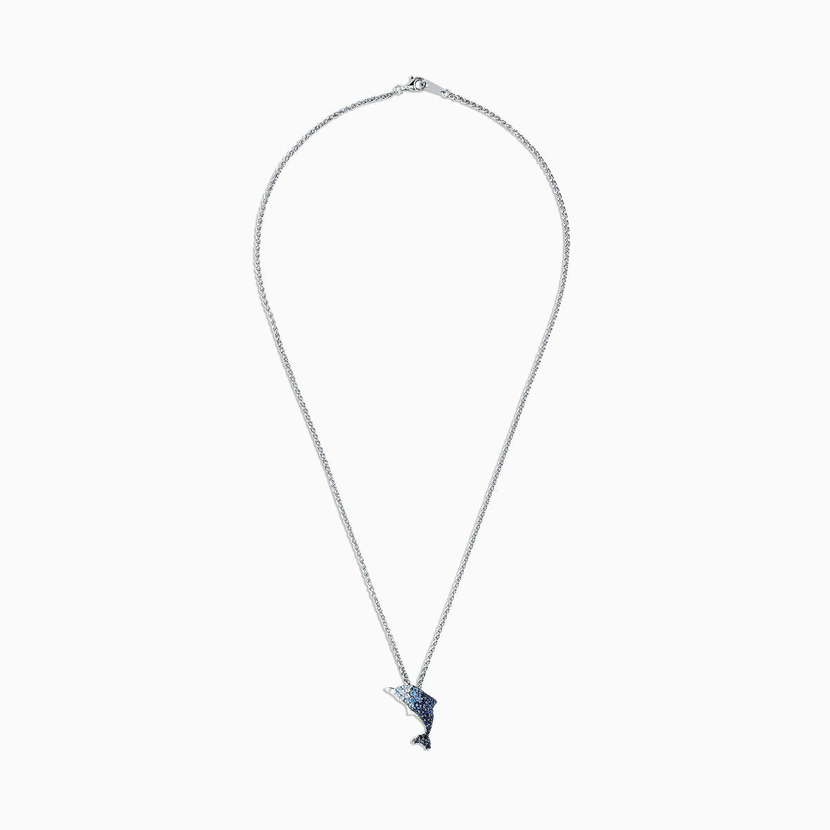 The 925 Sterling Silver Sapphire Splash Dolphin Pendant (1.30 TCW) necklace features a dolphin pendant with sapphire-blue gemstones, shown on a white background.