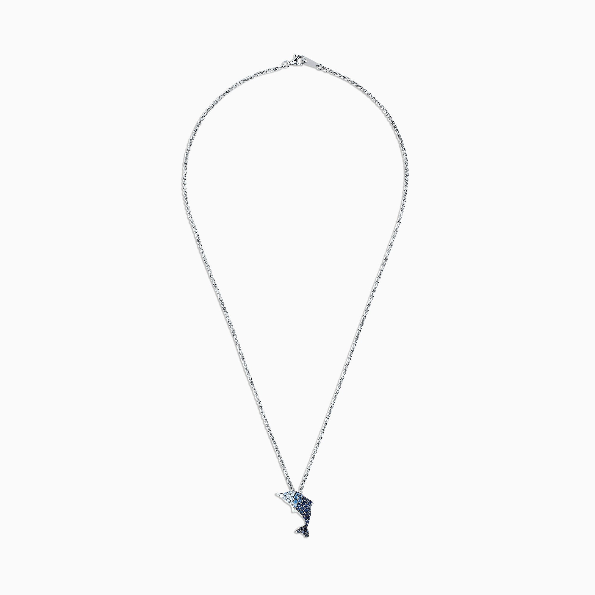 The 925 Sterling Silver Sapphire Splash Dolphin Pendant (1.30 TCW) necklace features a dolphin pendant with sapphire-blue gemstones, shown on a white background.