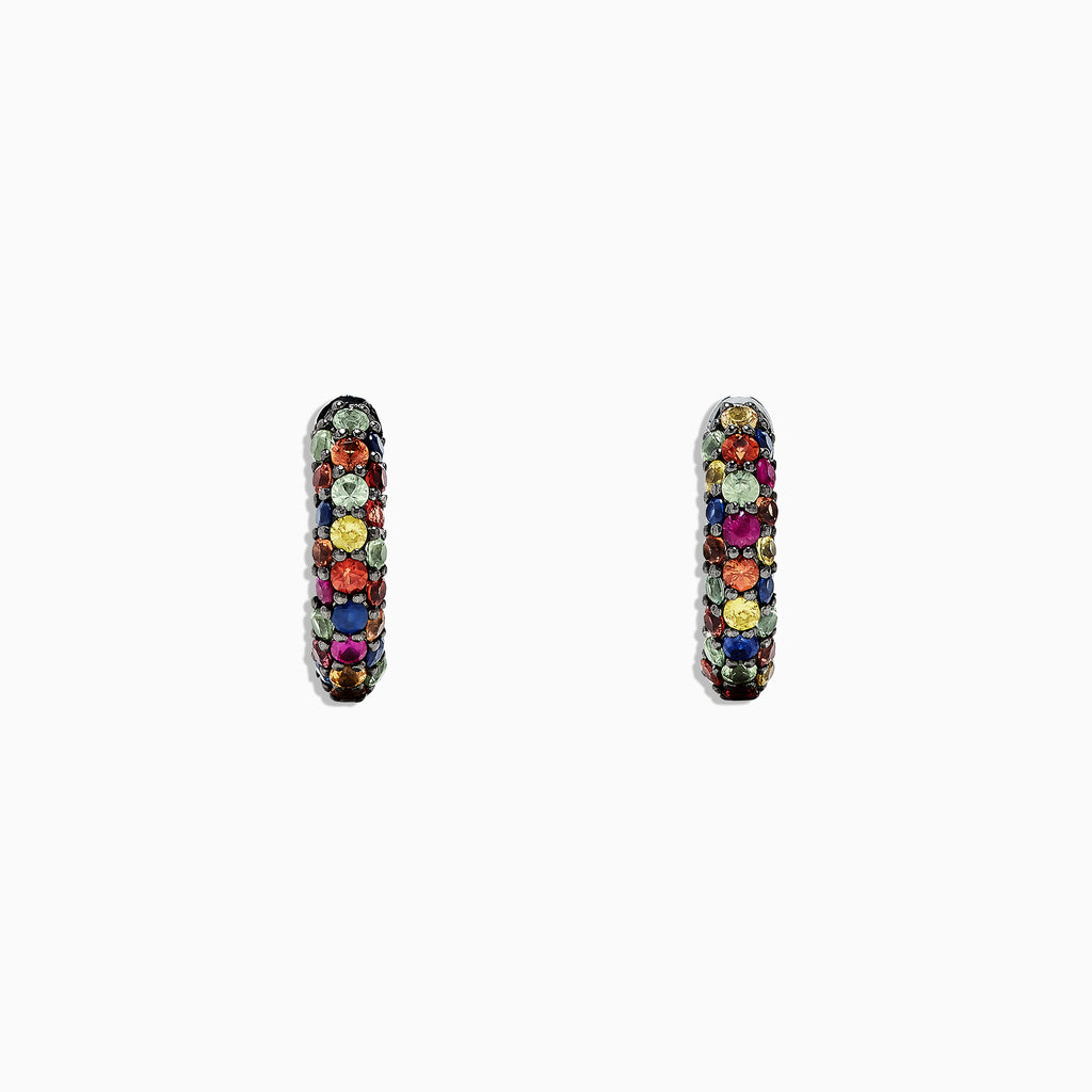 A pair of 925 Sterling Silver Multi Sapphire Splash Hoop Earrings, 1.98 TCW, featuring rows of colorful gemstones in dark metal, displayed on a white background.