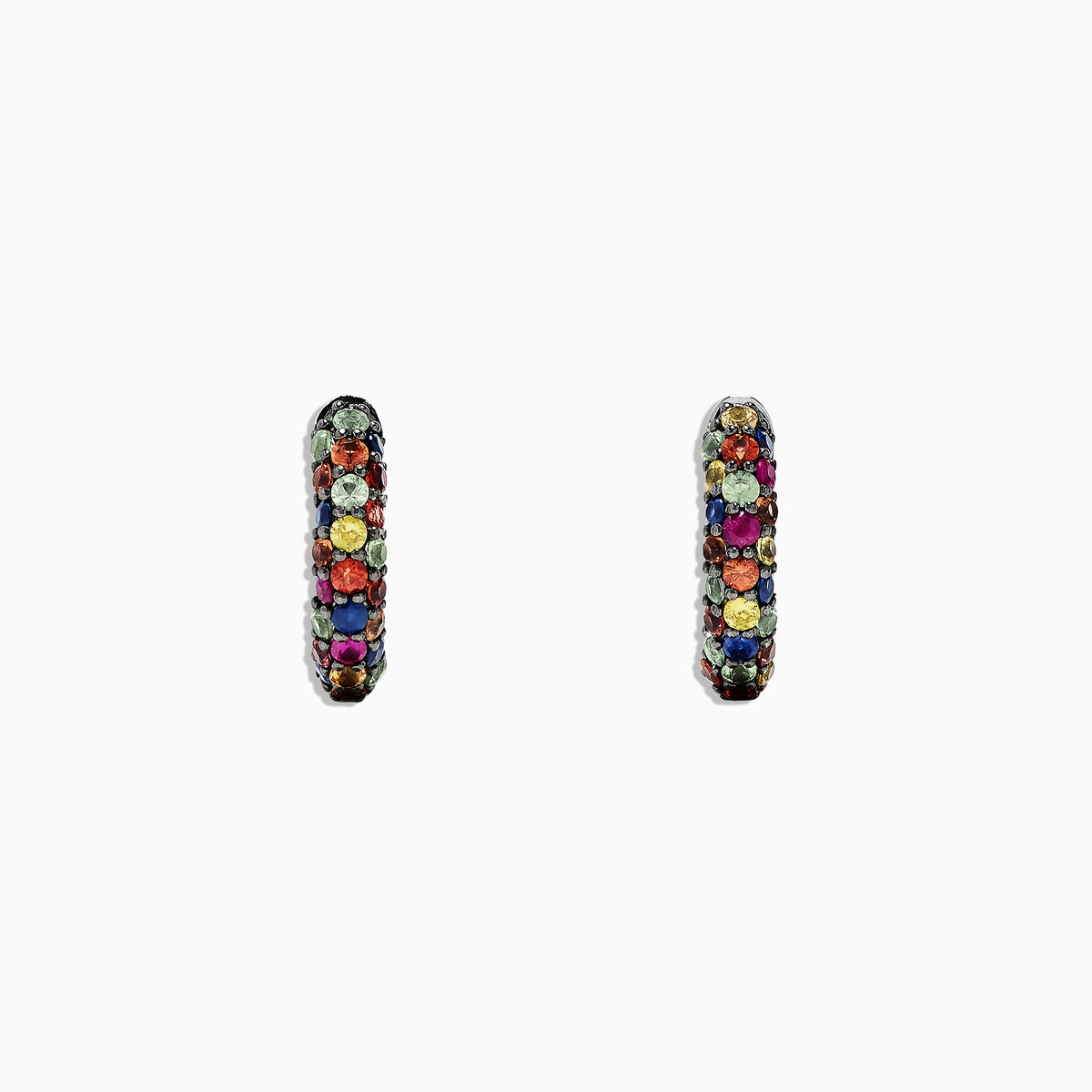 A pair of 925 Sterling Silver Multi Sapphire Splash Hoop Earrings, 1.98 TCW, featuring rows of colorful gemstones in dark metal, displayed on a white background.