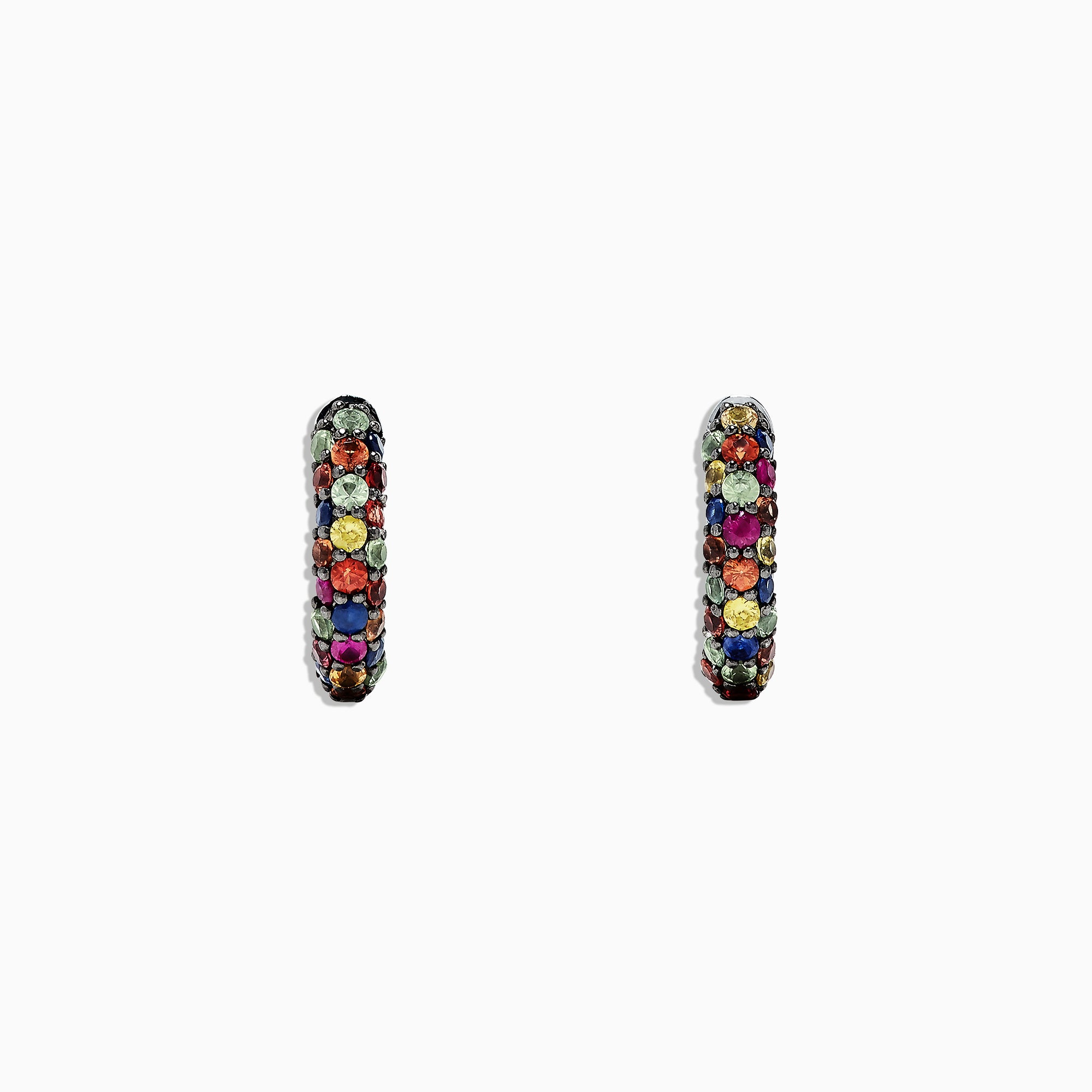 A pair of 925 Sterling Silver Multi Sapphire Splash Hoop Earrings, 1.98 TCW, featuring rows of colorful gemstones in dark metal, displayed on a white background.