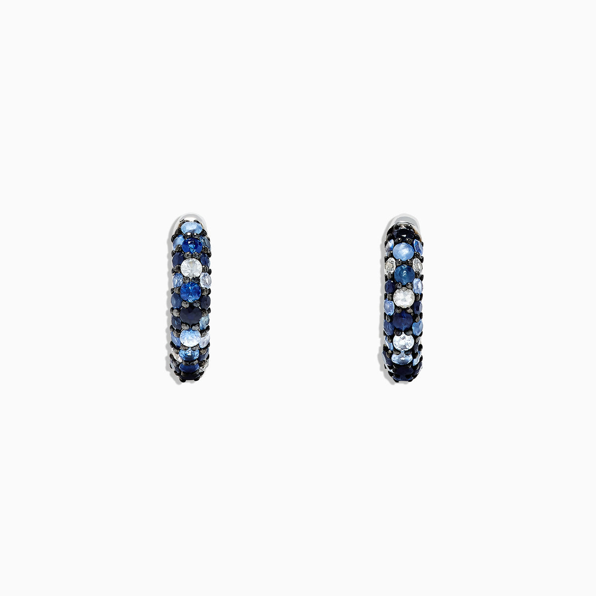 The 925 Sterling Silver Blue Sapphire Splash 1/2 Hoop Earrings, 1.77 TCW, feature alternating rows of blue sapphire and white gemstones and are shown on a plain white background.