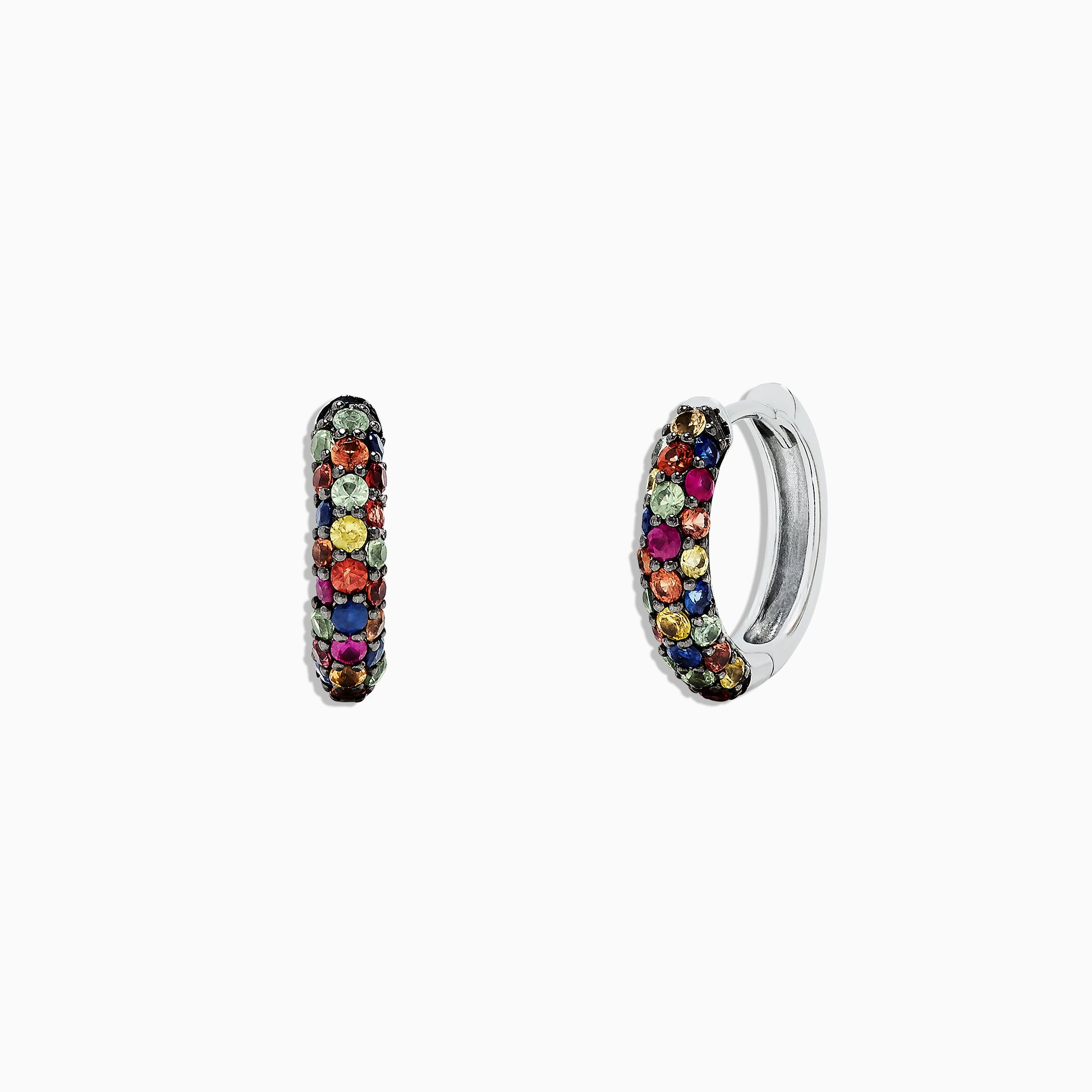 A pair of 925 Sterling Silver Multi Sapphire Splash Hoop Earrings, 1.98 TCW, featuring rows of colorful gemstones in dark metal, displayed on a white background.