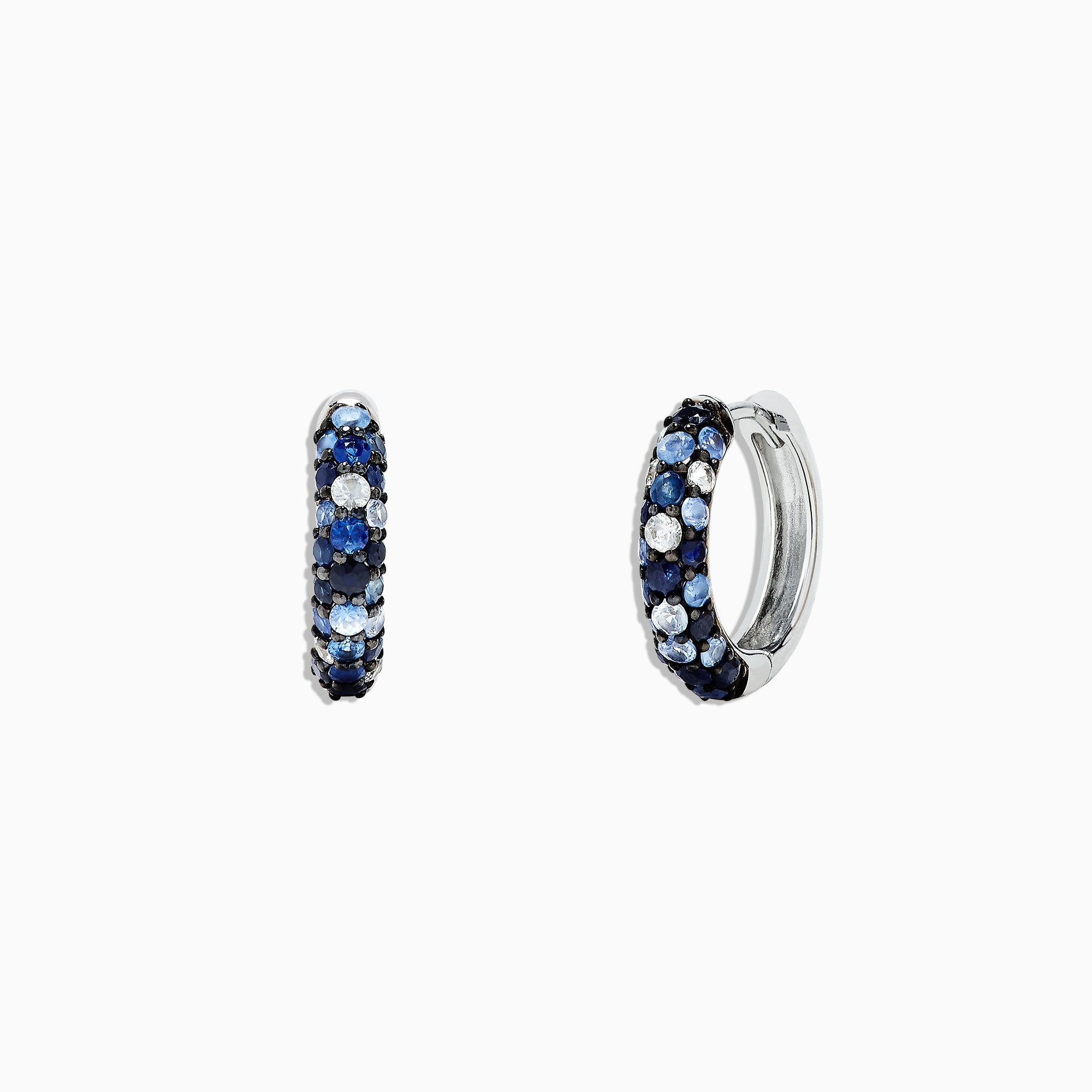 The 925 Sterling Silver Blue Sapphire Splash 1/2 Hoop Earrings, 1.77 TCW, feature alternating rows of blue sapphire and white gemstones and are shown on a plain white background.