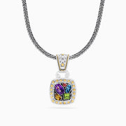 A 925 Sterling Silver & 18K Gold Accent Multi Gemstone Pendant, 1.59 TCW, features a woven chain and a square pendant with purple, yellow, green, and blue stones plus silver beaded details.