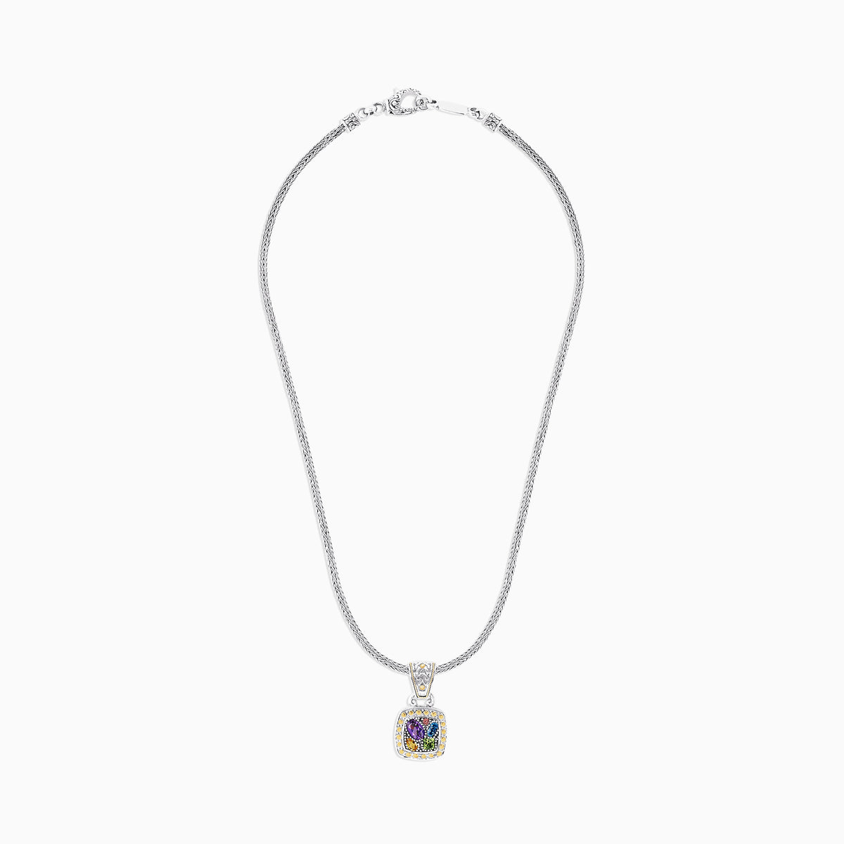 A 925 Sterling Silver & 18K Gold Accent Multi Gemstone Pendant, 1.59 TCW, features a woven chain and a square pendant with purple, yellow, green, and blue stones plus silver beaded details.