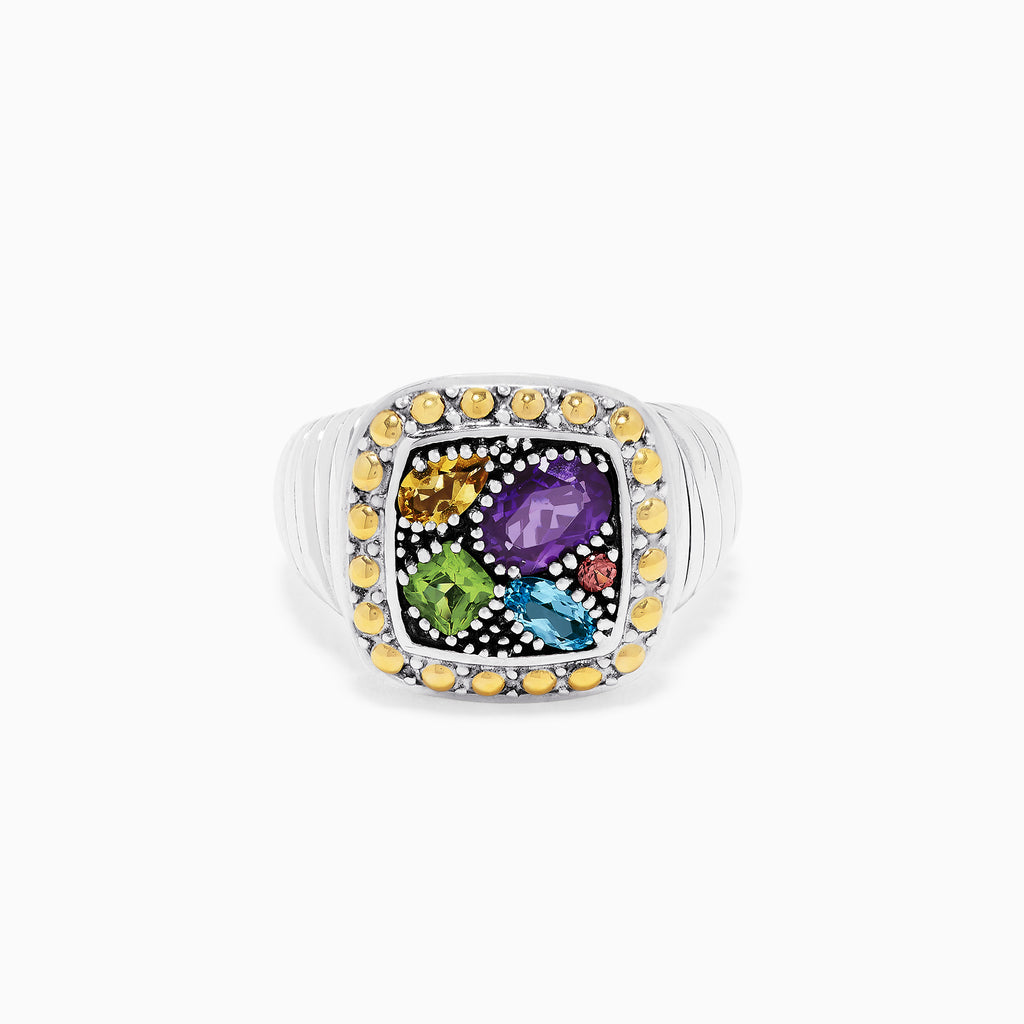 The 925 Sterling Silver & 18K Gold Accent Multi Gemstone Ring, 1.54 TCW features a sterling silver band, a square face with purple, green, blue, red, and orange gemstones, and 18K gold dots accenting the border.