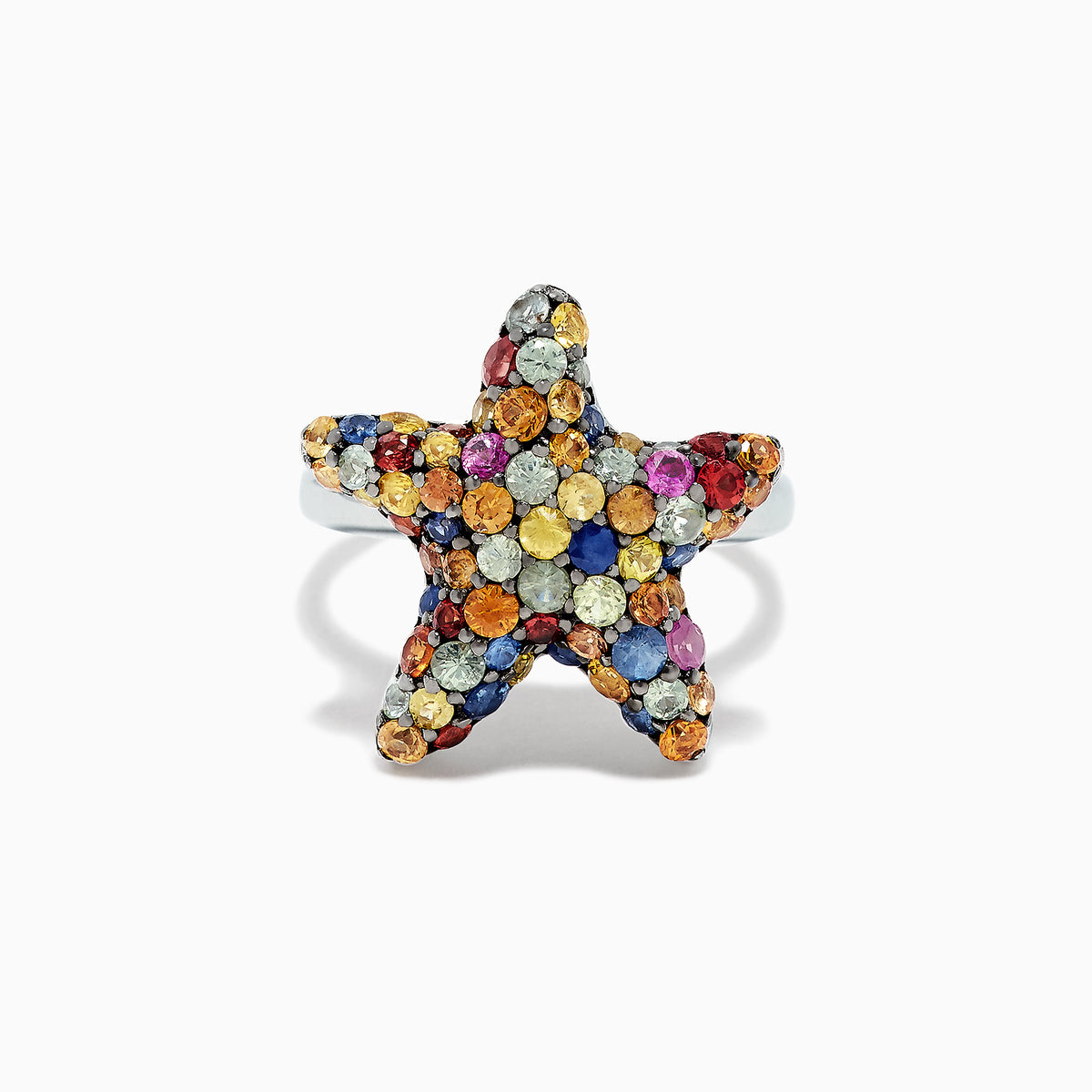 The 925 Sterling Silver Multi Sapphire Splash Starfish Ring, 2.90 TCW, features a starfish design set with vibrant blue, yellow, orange, pink, and clear sapphires—an Effy piece that dazzles against a white backdrop.