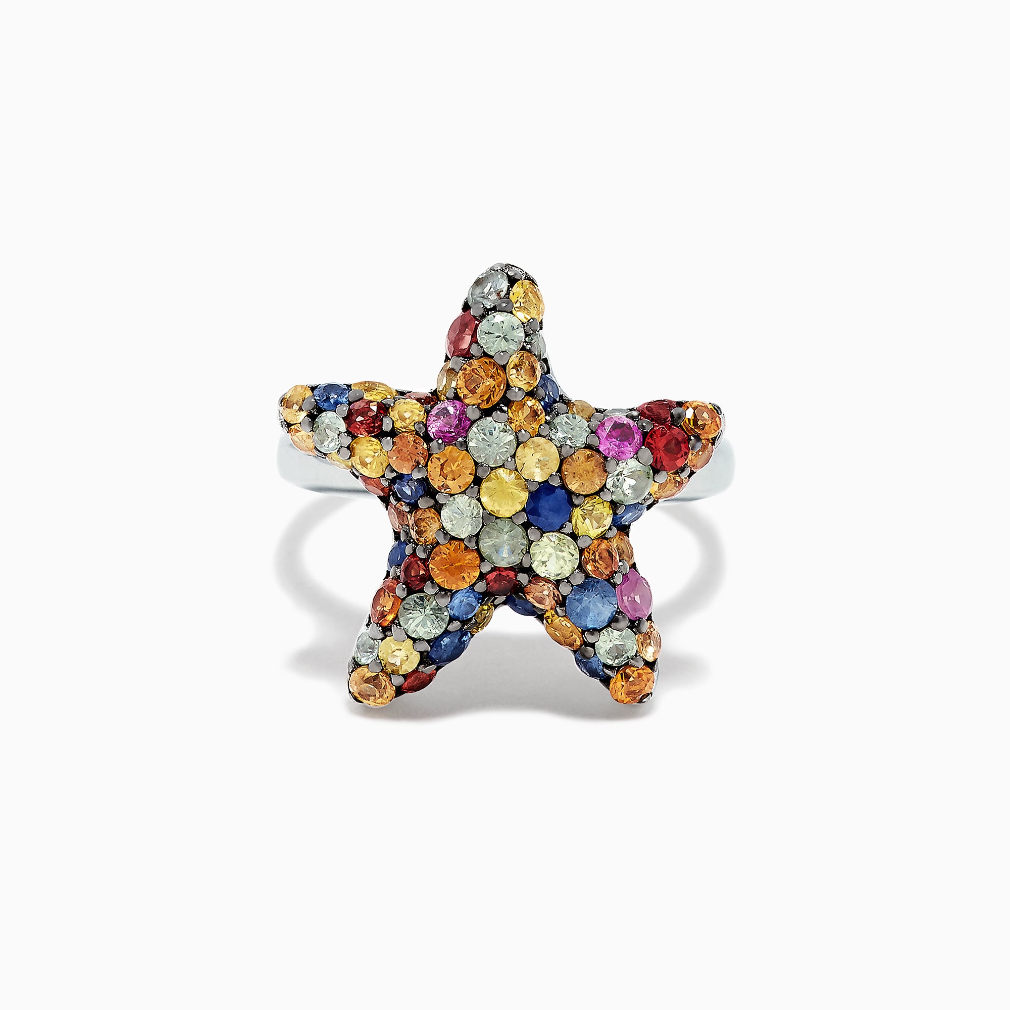 The 925 Sterling Silver Multi Sapphire Splash Starfish Ring, 2.90 TCW, features a starfish design set with vibrant blue, yellow, orange, pink, and clear sapphires—an Effy piece that dazzles against a white backdrop.