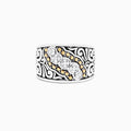 The 925 Sterling Silver and 18K Yellow Gold Diamond Ring, 0.10 TCW features a wide band with black swirls, a central row of sparkling diamonds, and small 18K yellow gold accents.