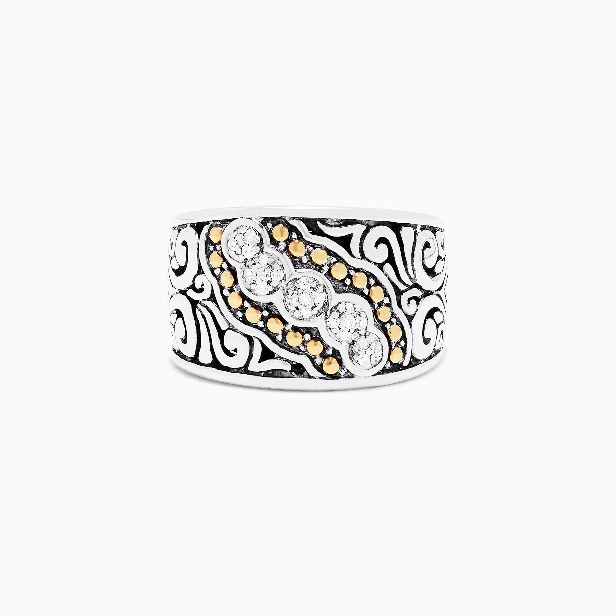 The 925 Sterling Silver and 18K Yellow Gold Diamond Ring, 0.10 TCW features a wide band with black swirls, a central row of sparkling diamonds, and small 18K yellow gold accents.