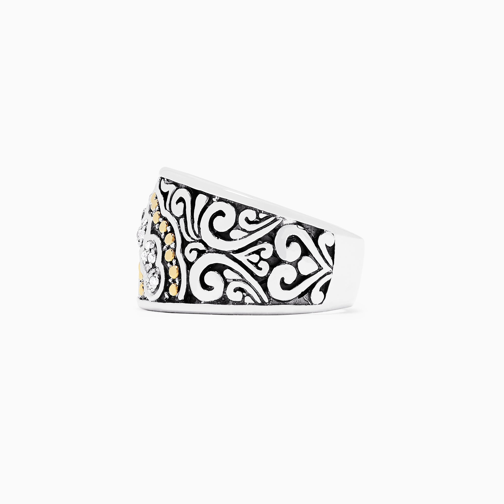 The 925 Sterling Silver and 18K Yellow Gold Diamond Ring, 0.10 TCW features a wide band with black swirls, a central row of sparkling diamonds, and small 18K yellow gold accents.
