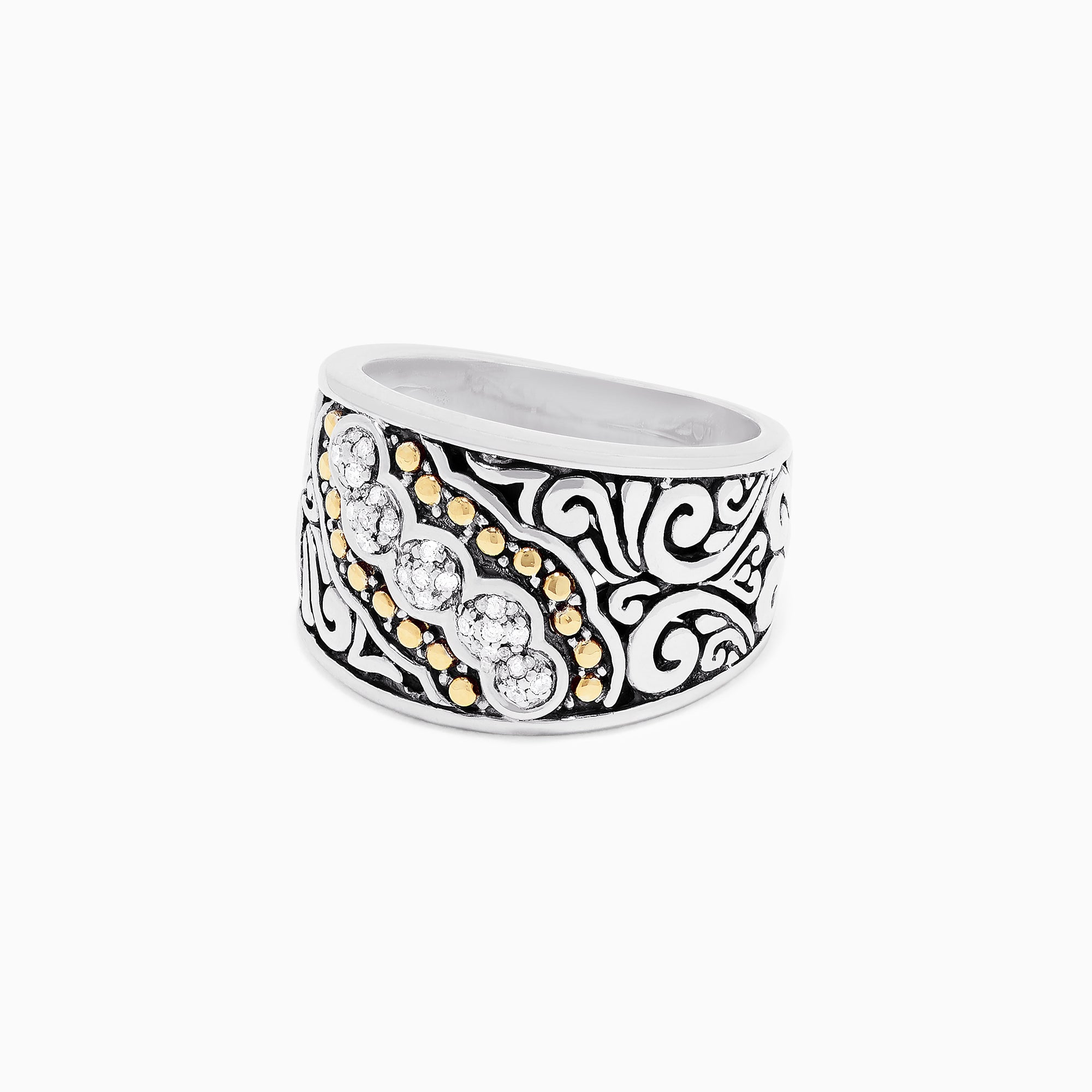 The 925 Sterling Silver and 18K Yellow Gold Diamond Ring, 0.10 TCW features a wide band with black swirls, a central row of sparkling diamonds, and small 18K yellow gold accents.