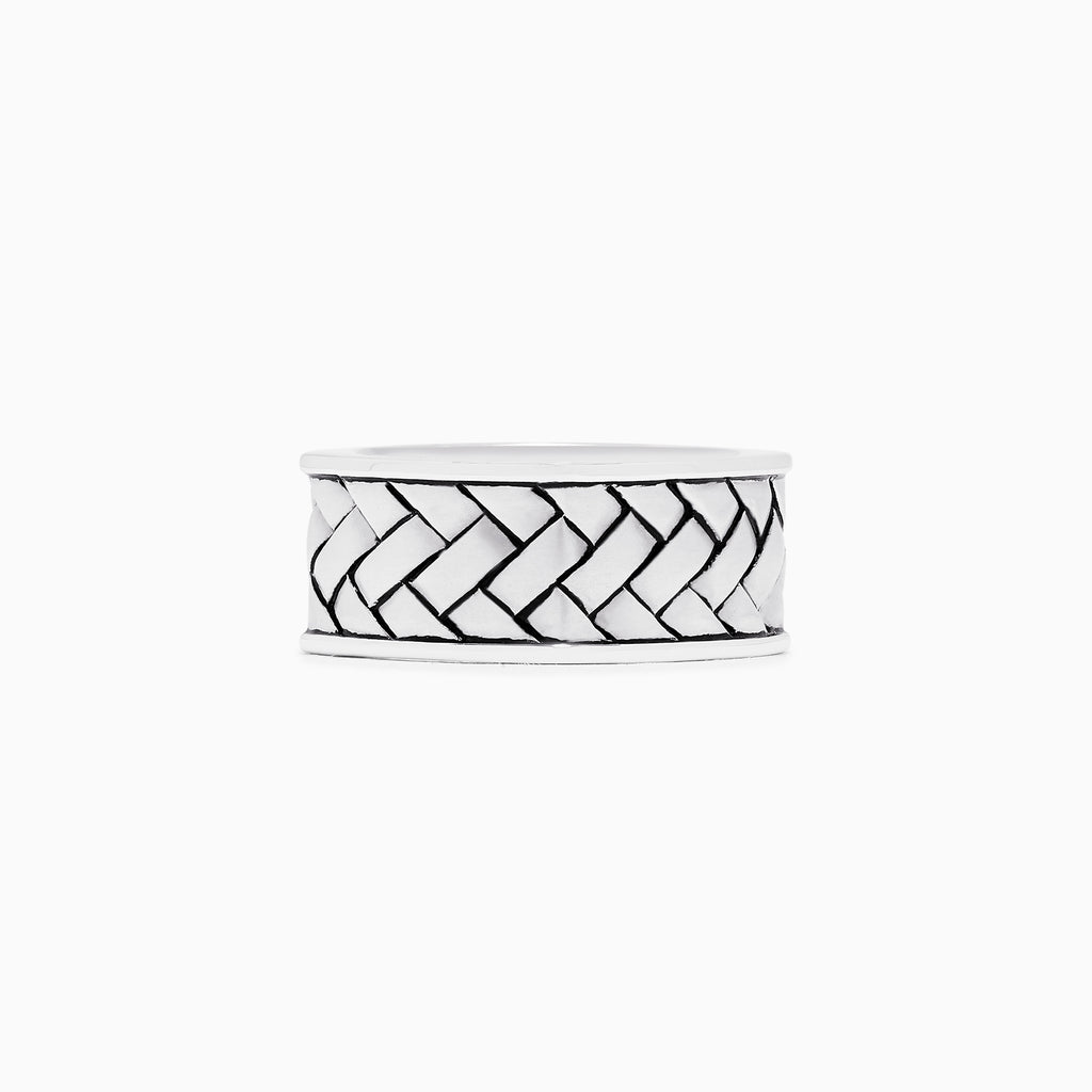 The Mens 925 Sterling Silver Ring features a wide band with a raised, braided center pattern and smooth edges—an elegant addition to any jewelry collection.