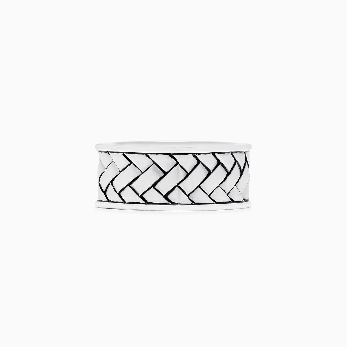 The Mens 925 Sterling Silver Ring features a wide band with a raised, braided center pattern and smooth edges—an elegant addition to any jewelry collection.