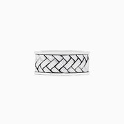 The Mens 925 Sterling Silver Ring features a wide band with a raised, braided center pattern and smooth edges—an elegant addition to any jewelry collection.