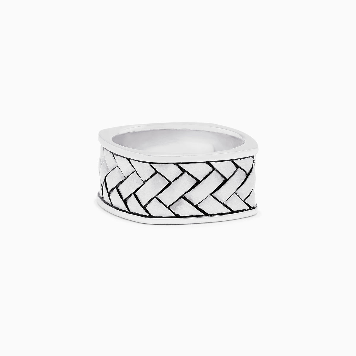 The Mens 925 Sterling Silver Ring features a wide band with a raised, braided center pattern and smooth edges—an elegant addition to any jewelry collection.