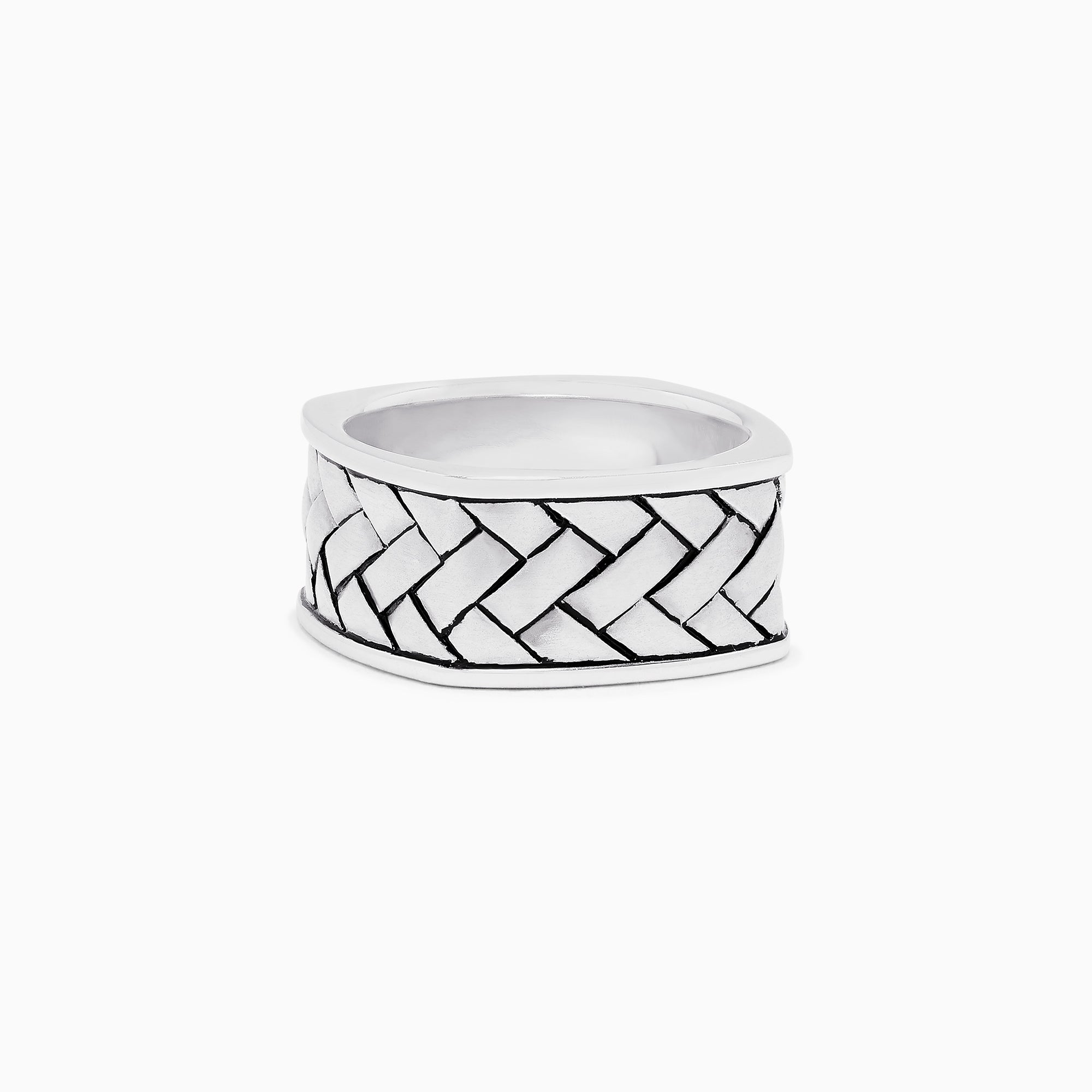 The Mens 925 Sterling Silver Ring features a wide band with a raised, braided center pattern and smooth edges—an elegant addition to any jewelry collection.
