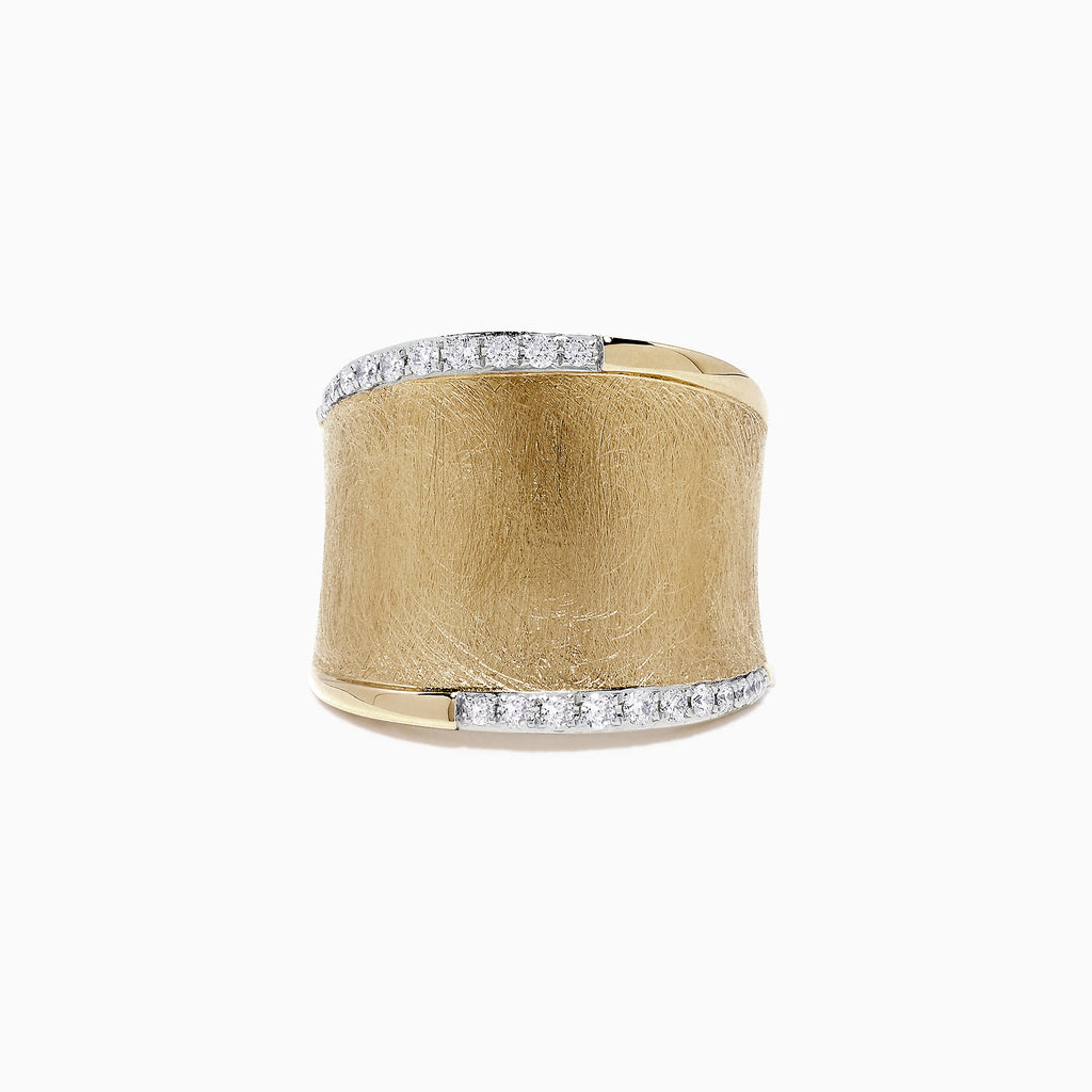 The DOro 14K Yellow Gold Diamond Accented Ring (0.27 TCW) features a wide band with a brushed finish and two rows of sparkling white diamonds along the edges, showcased on a plain white background.