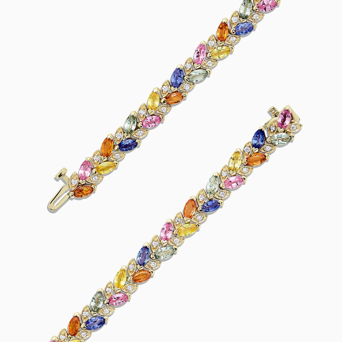 The Watercolors 14K Gold Multi Sapphire & Diamond Bracelet, 11.09 TCW, features a leaf-like design set with marquise-cut sapphires in pink, blue, green, yellow, and orange.