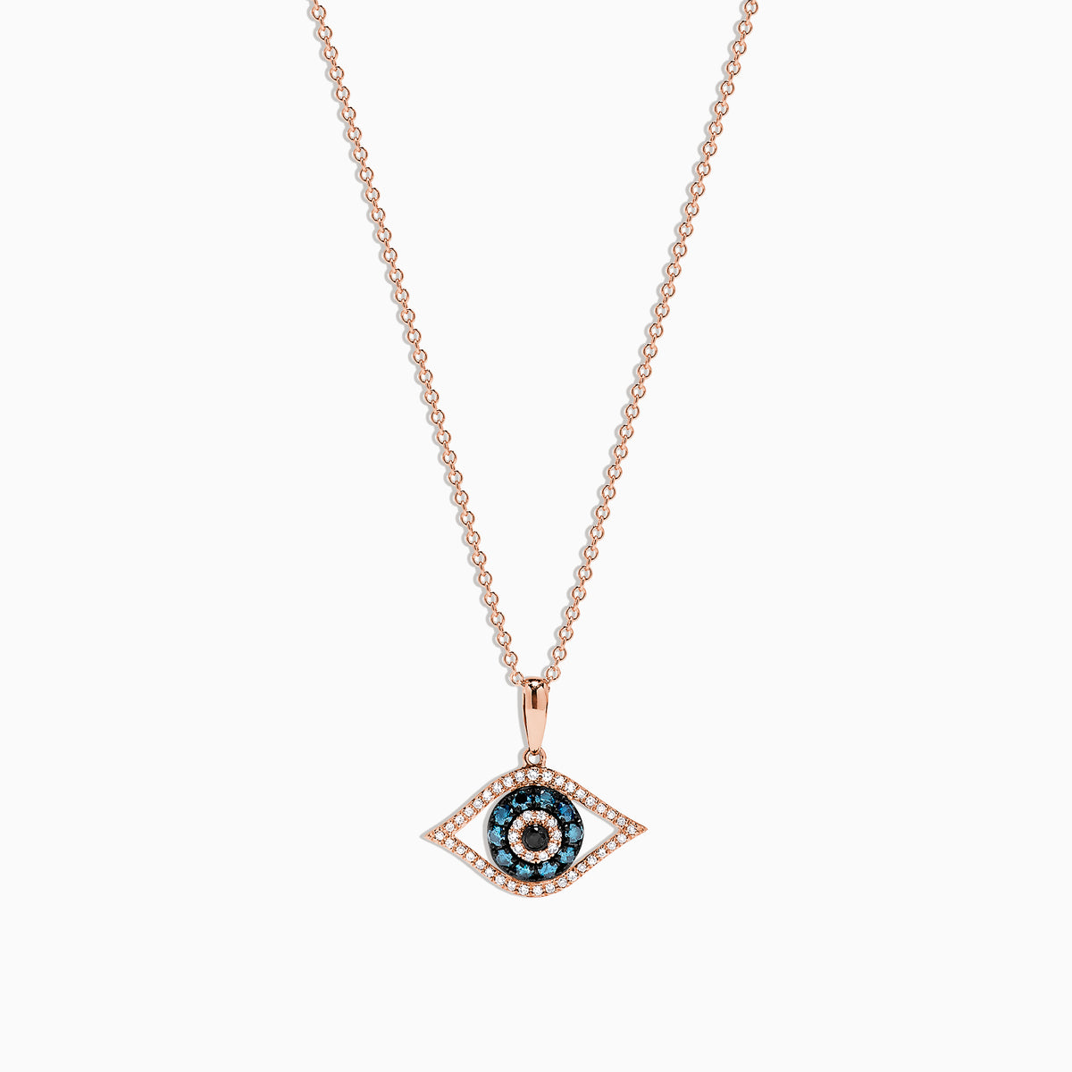 A 14K rose gold chain necklace with a blue, white, and black diamond evil eye pendant (0.34 TCW).